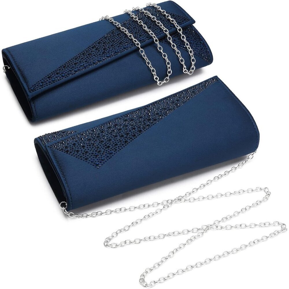 Women's Navy Satin Rhinestone Evening Clutch Bag Sparkle Glitter Purse - Picture 7 of 7